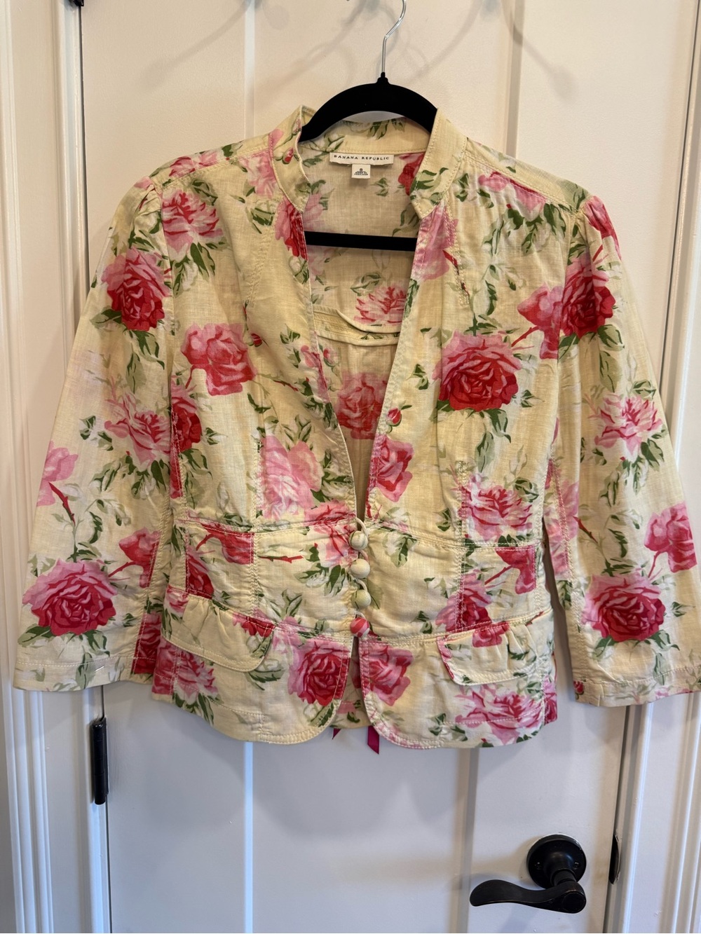 Banana Republic Cream Floral Button-Front Jacket with Pink & Red Roses